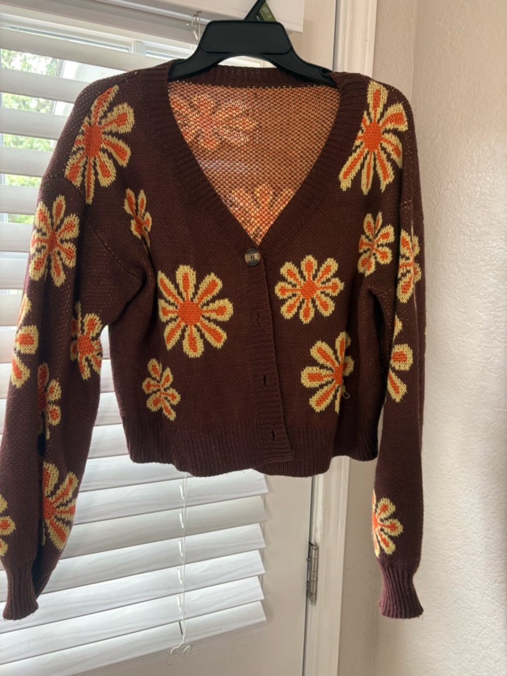 SHEIN Brown Cardigan with Orange and Cream Daisy Motifs